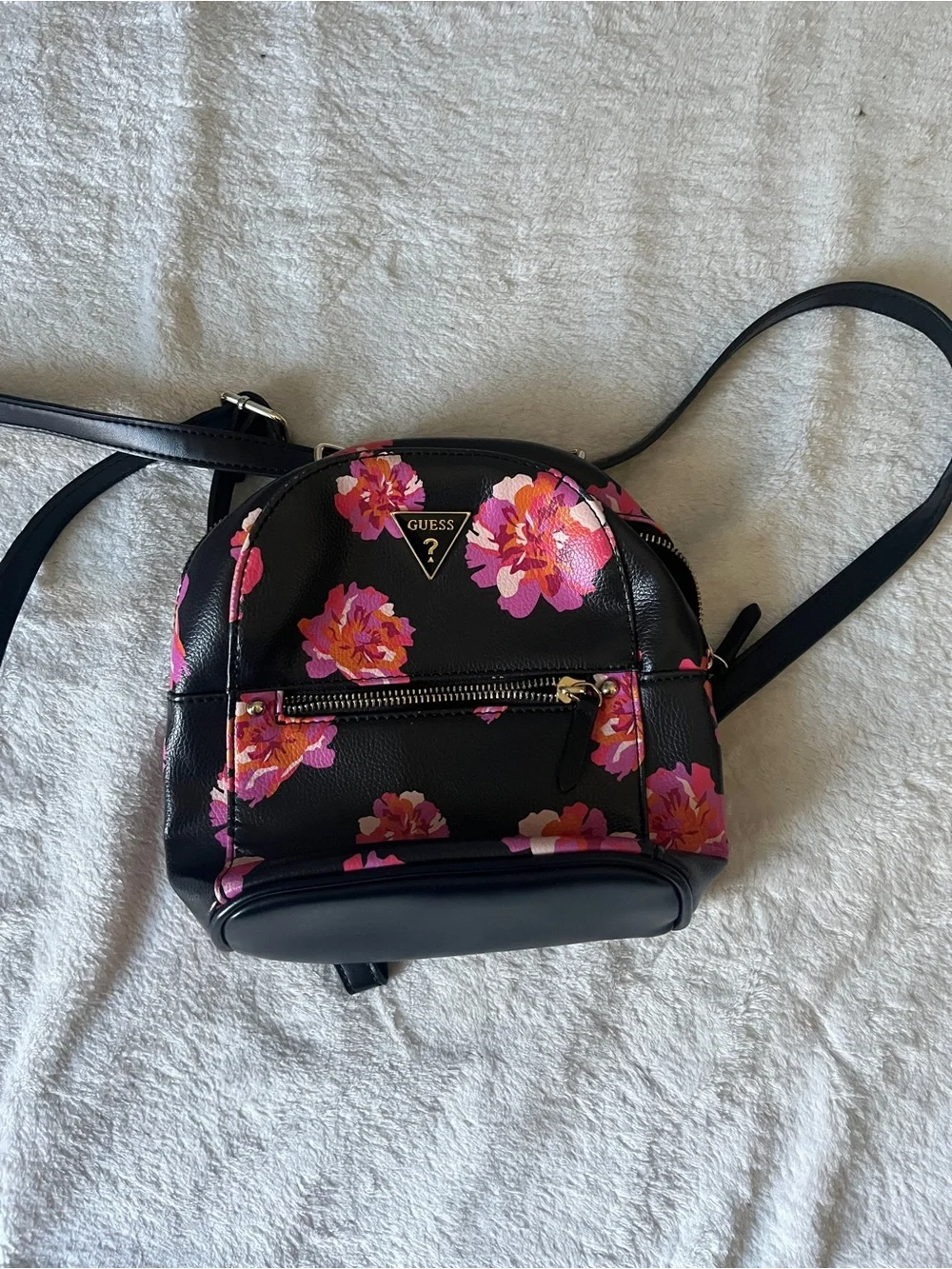 GUESS Black Mini Backpack with Pink and Orange Floral Print